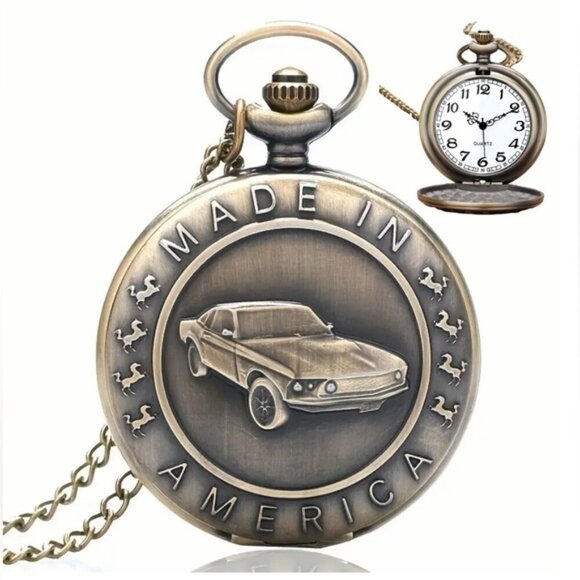 Boutique Other - Pocket Chain Watch Mustang Car Flip Open Bronze Tone Quartz Second Hand